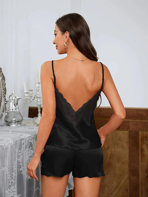 Satijnen pyjama dames met kant en open rug