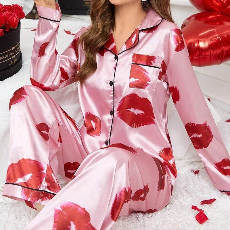 Satijnen pyjama dames met lippenprint Roze-rood / S