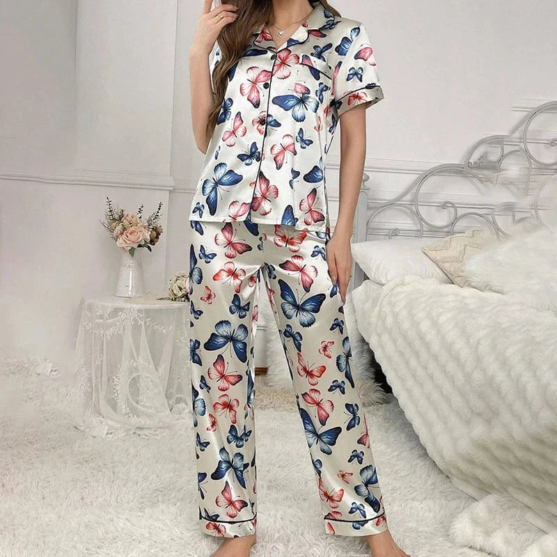 Satijnen pyjama dames met vlinderprint Blauwrood / S