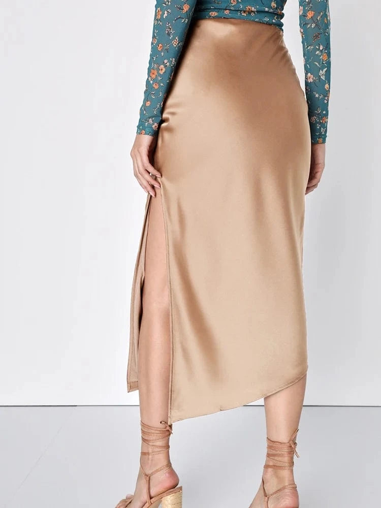 Satijnen rok split Champagne / S