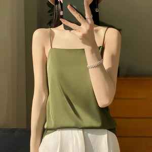 Satijnen spaghetti top Olijfgroen / S