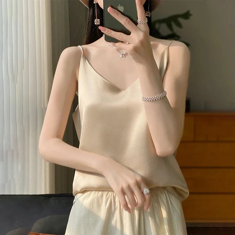 Satijnen top met spaghettibandjes Champagne / S