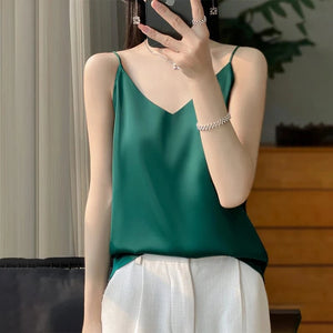 Satijnen top met spaghettibandjes Groen / S