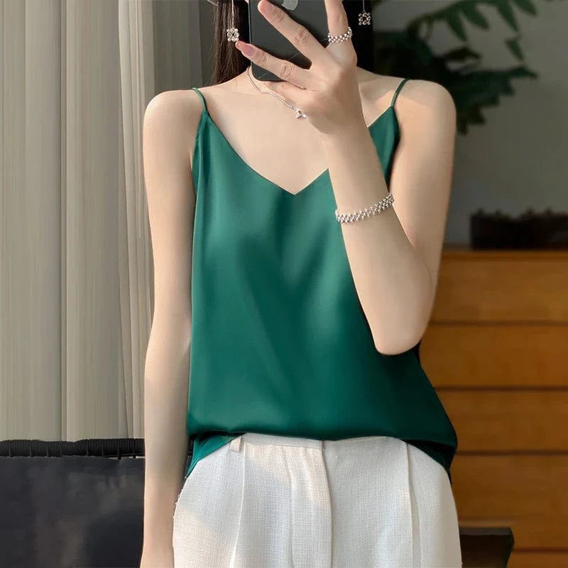 Satijnen top met spaghettibandjes Groen / S