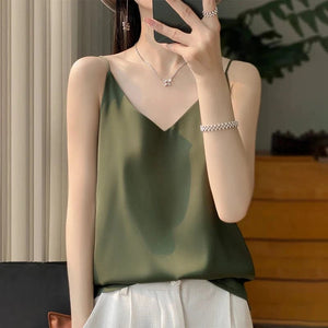 Satijnen top met spaghettibandjes Olijfgroen / S