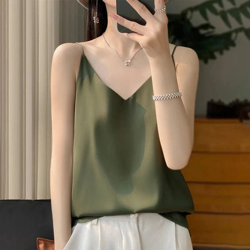 Satijnen top met spaghettibandjes Olijfgroen / S