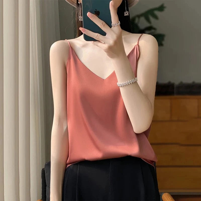 Satijnen top met spaghettibandjes Roestbruin / S