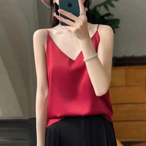 Satijnen top met spaghettibandjes Rood / S