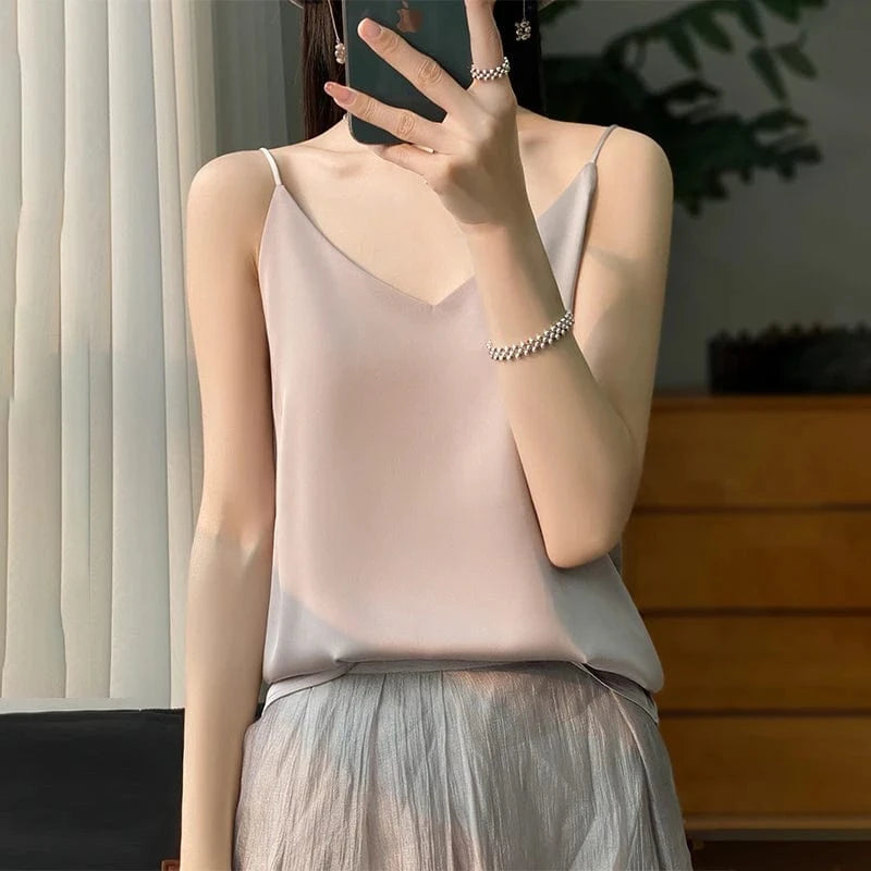 Satijnen top met spaghettibandjes Taupe / S