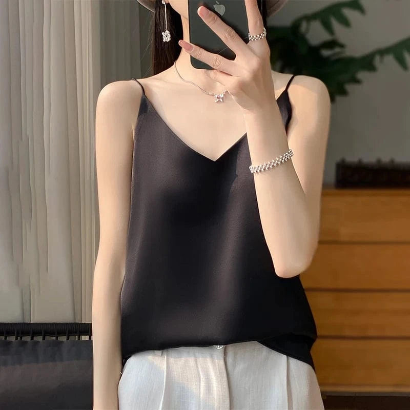 Satijnen top met spaghettibandjes Zwart / S