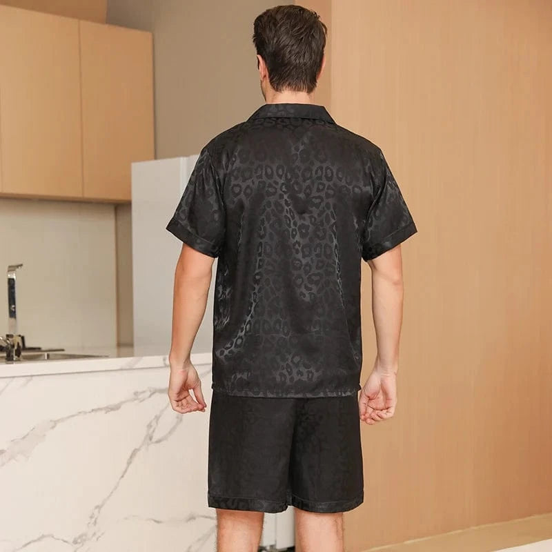 Shortama zwart luipaard satijn voor heren