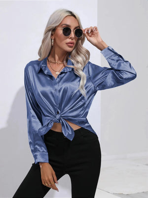 Steelblauw satijnen blouse