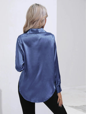 Steelblauw satijnen blouse
