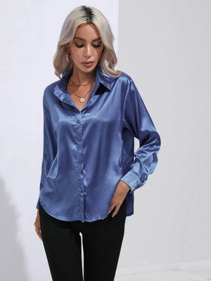 Steelblauw satijnen blouse