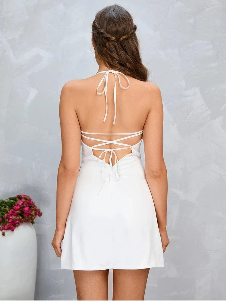 Wit satijnen halter jurkje met bloemen split