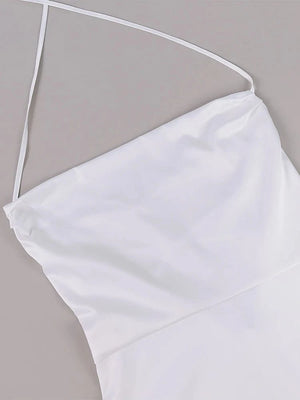 Wit satijnen halter jurkje met bloemen split