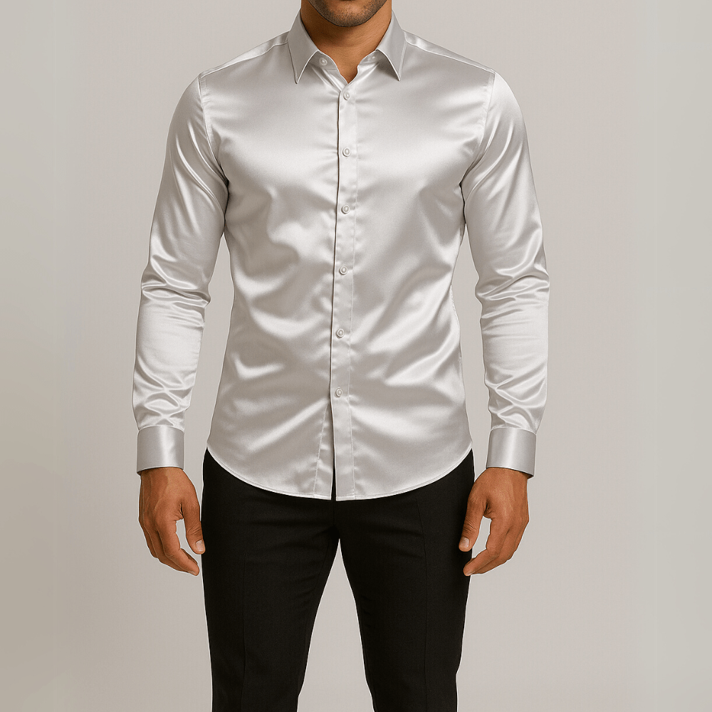 Zilver satijnen heren overhemd