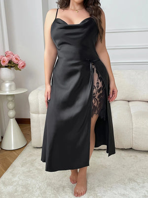 Zwart satijnen nachthemd grote maten Zwart / XL