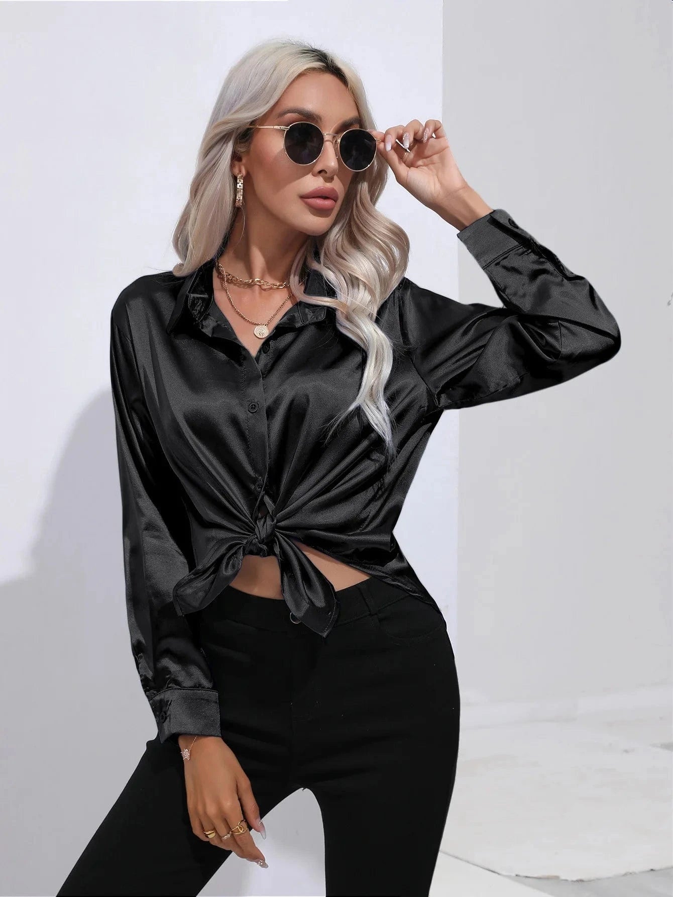 Zwarte satijnen blouse Zwart / S