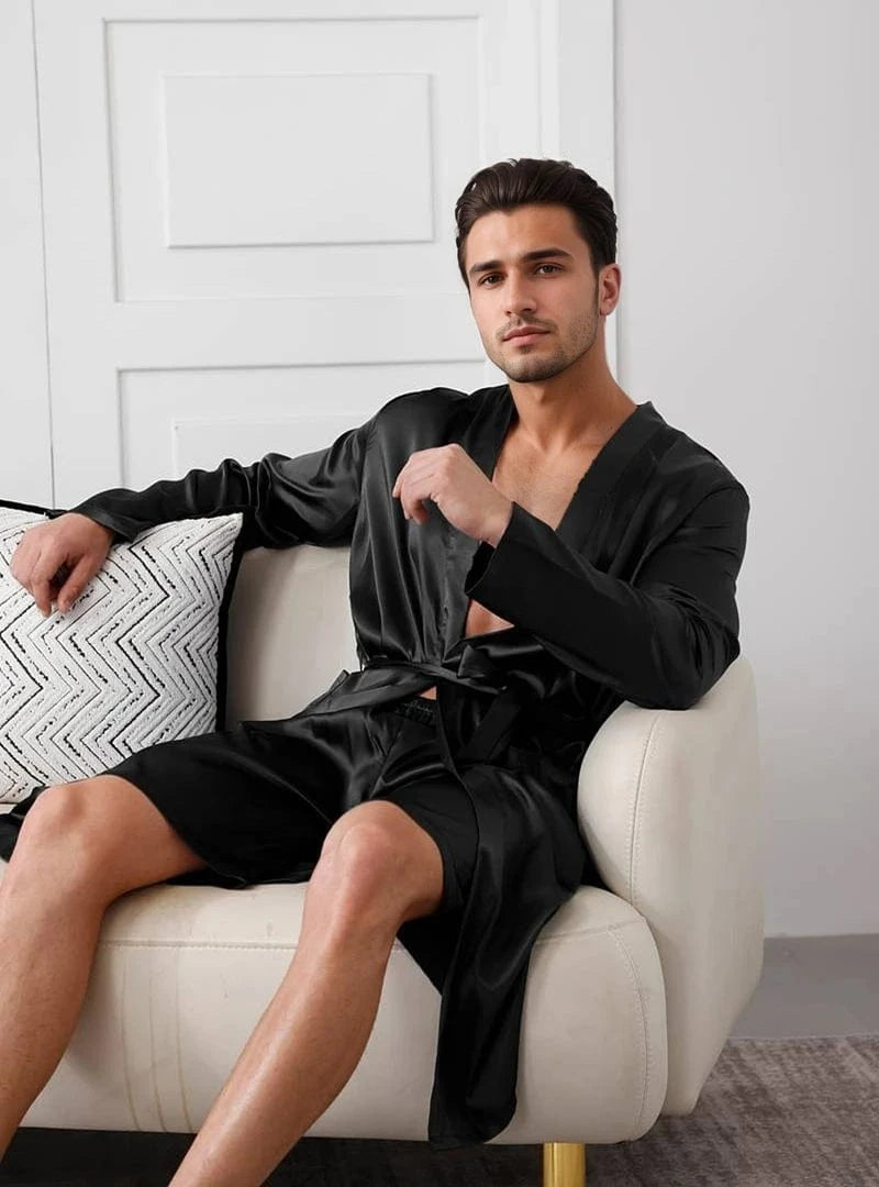 Zwarte satijnen kimono heren