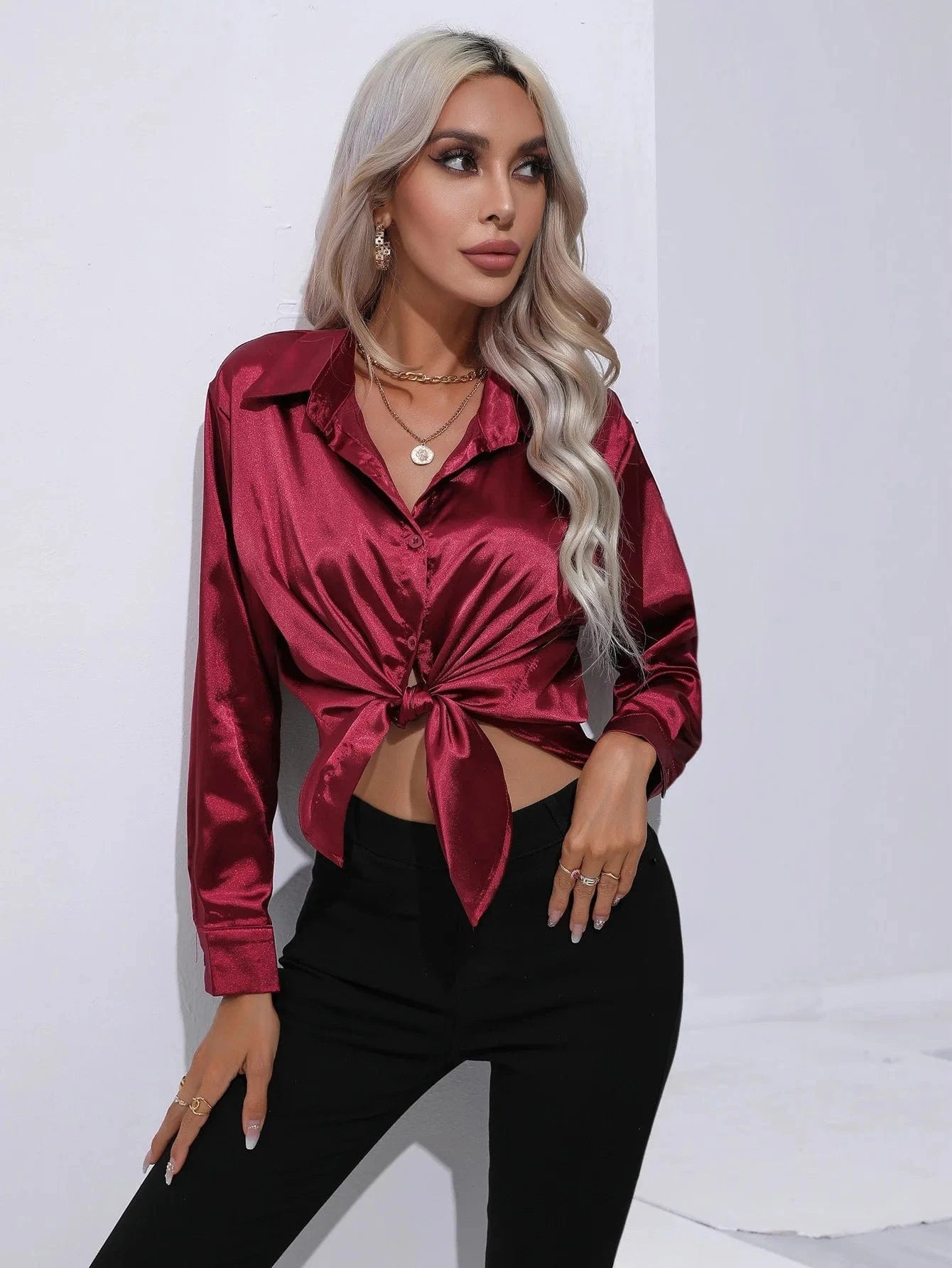Bordeaux rode satijnen blouse