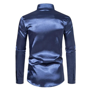 Donkerblauw satijnen heren overhemd