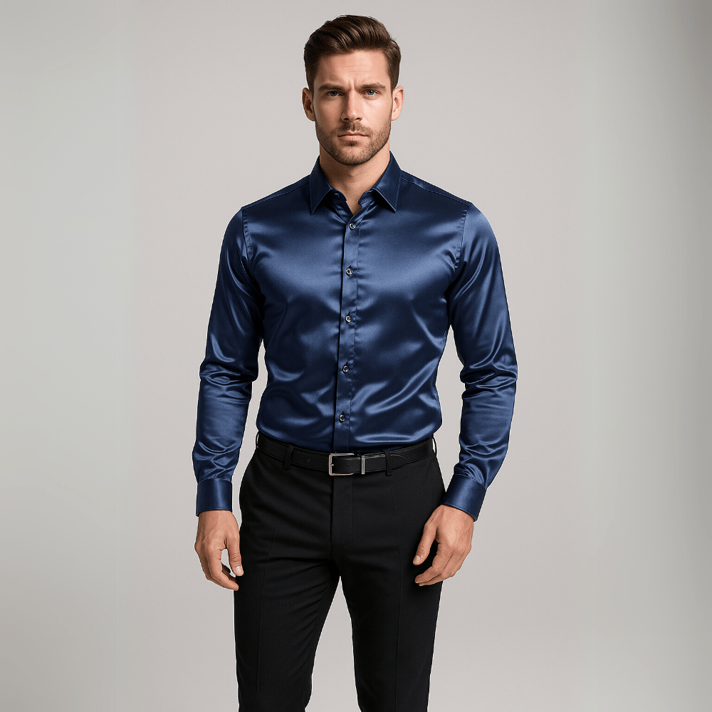 Donkerblauw satijnen heren overhemd