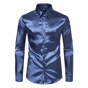 Donkerblauw satijnen heren overhemd Donkerblauw / S