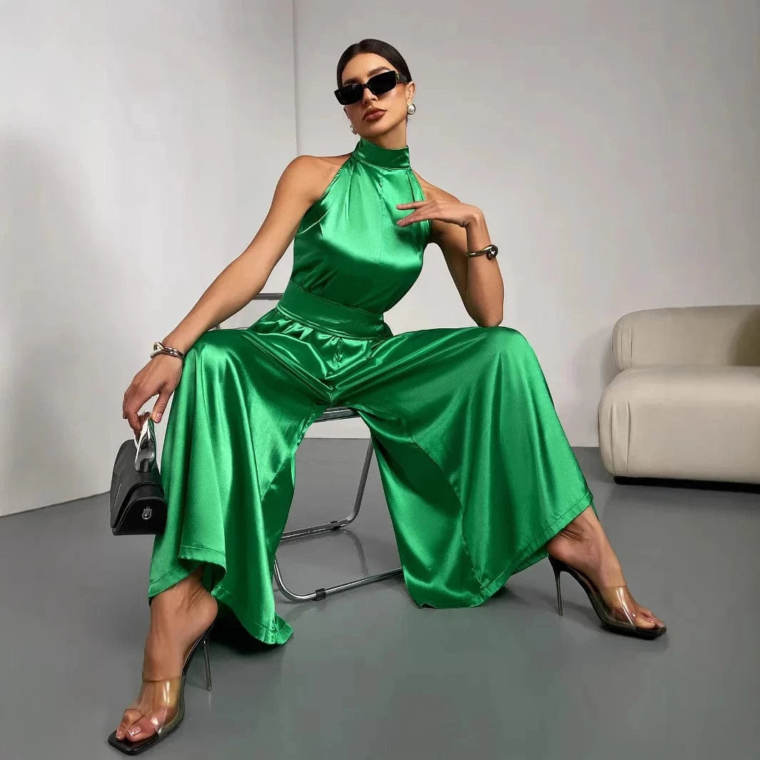 Groene satijnen jumpsuit