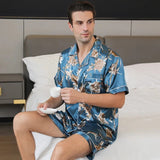 Heren blauw satijnen shortama met beige bloemenprint Blauw / M