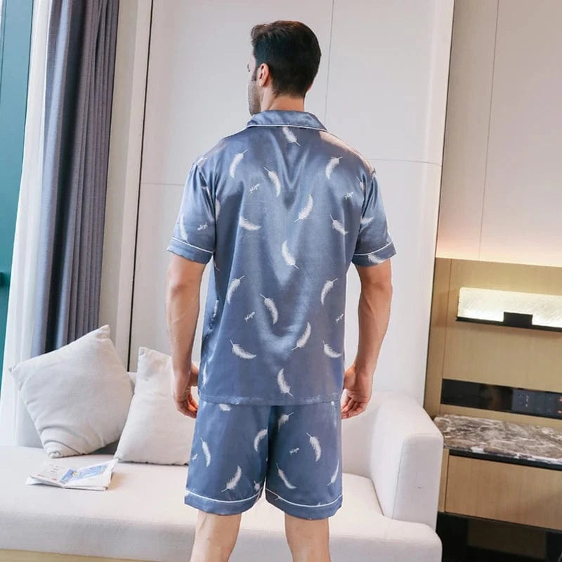 Heren blauw satijnen shortama met veerprint