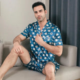 Heren blauwe satijnen shortama met witte schaapprint Blauw / M