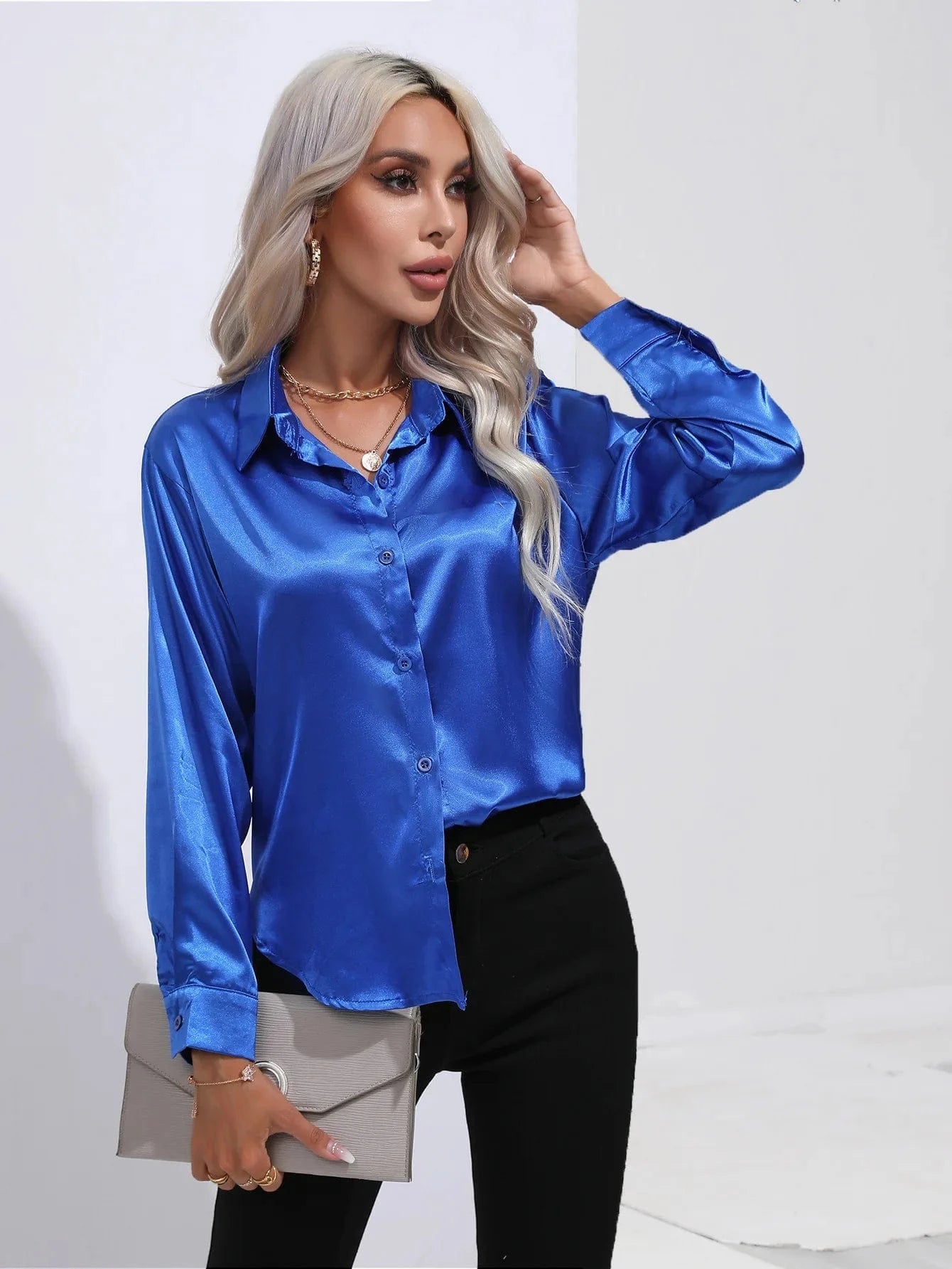 Kobalt blauwe satijnen blouse