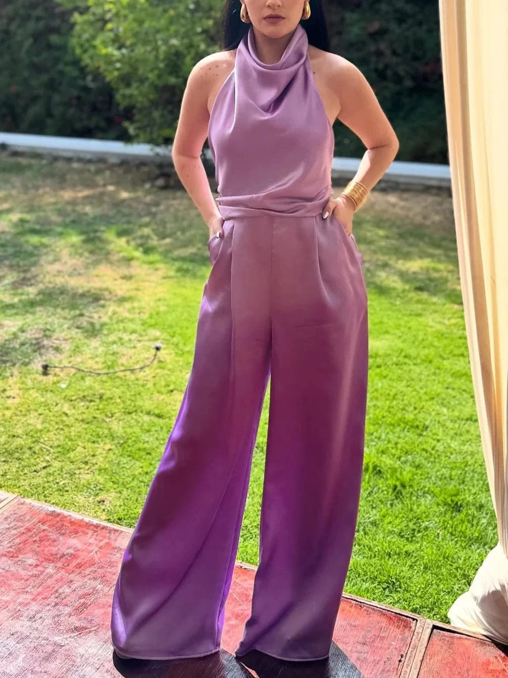 Lila satijnen jumpsuit