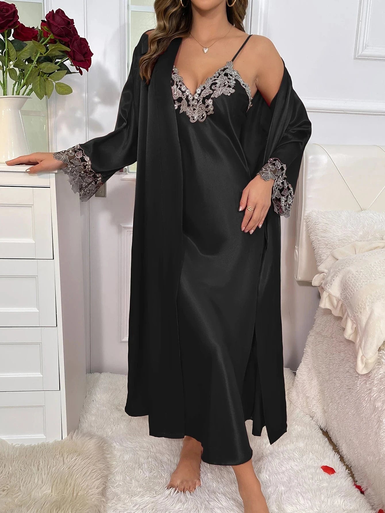 Luxe ochtendjas satijn black / XL
