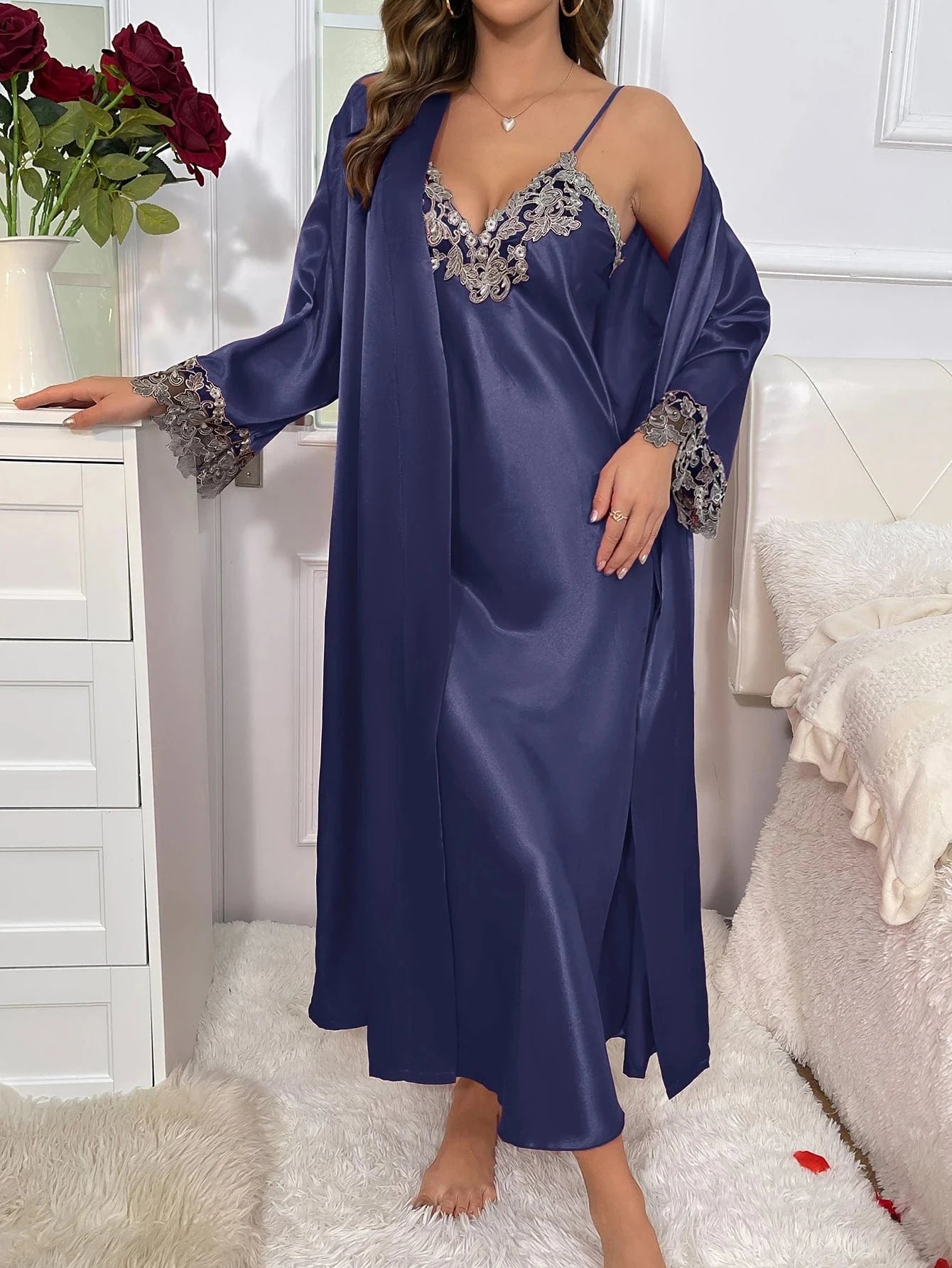 Luxe ochtendjas satijn Marineblauw / S
