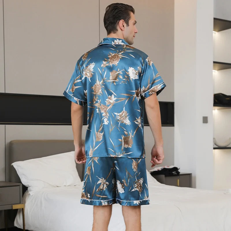 Heren blauw satijnen shortama met beige bloemenprint