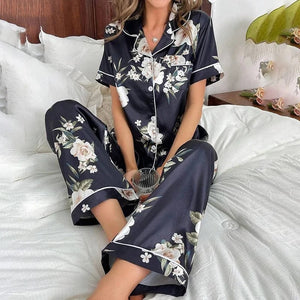 Nachtkleding satijn pyjamas Zwart wit / S
