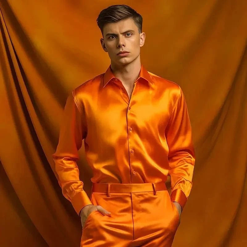 Oranje satijnen heren overhemd
