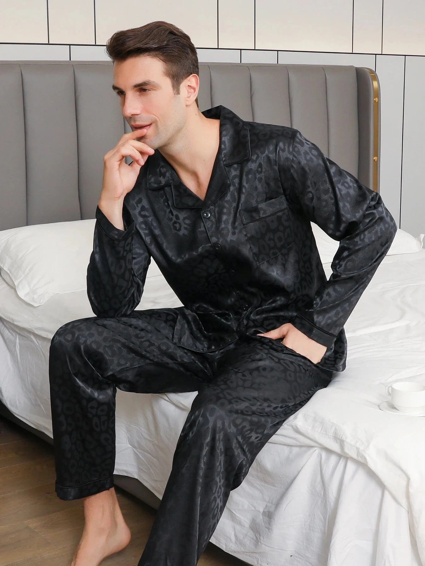 Pyjama zwart luipaard satijn voor heren Zwart / M