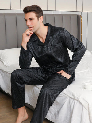 Pyjama zwart luipaard satijn voor heren Zwart / M