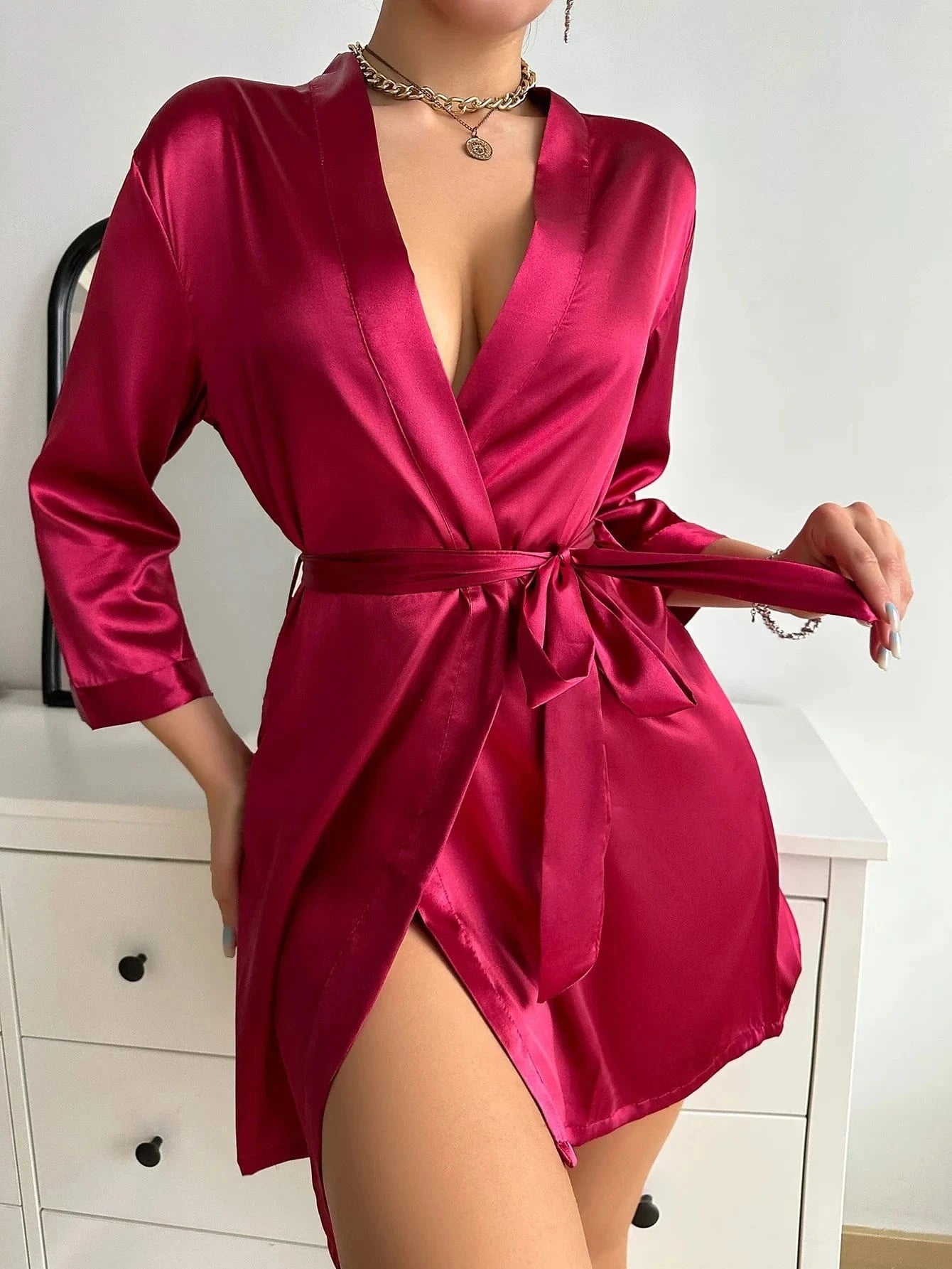 Rode kimono satijn Bordeauxrood / S