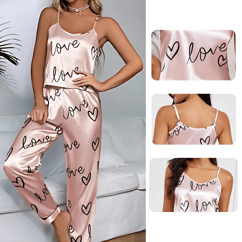 Roze satijnen pyjama dames met hartjes en 'love' print