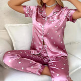 Roze satijnen pyjama dames met hartjesprint Roze / S