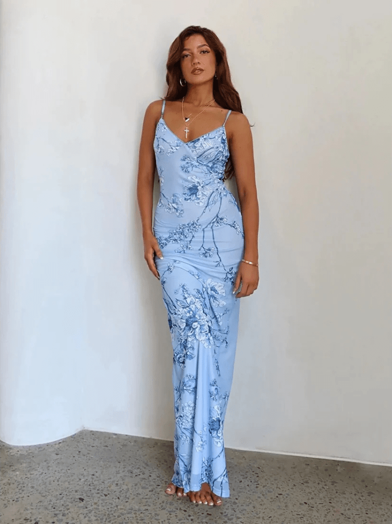 Satijnen bloemen jurk Blauw / S