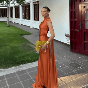 Satijnen galajurk open rug oranje / S