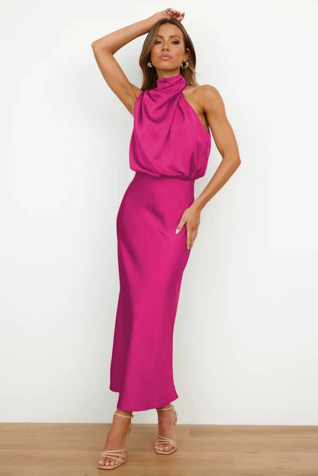 Satijnen halterjurk Fuschia / S