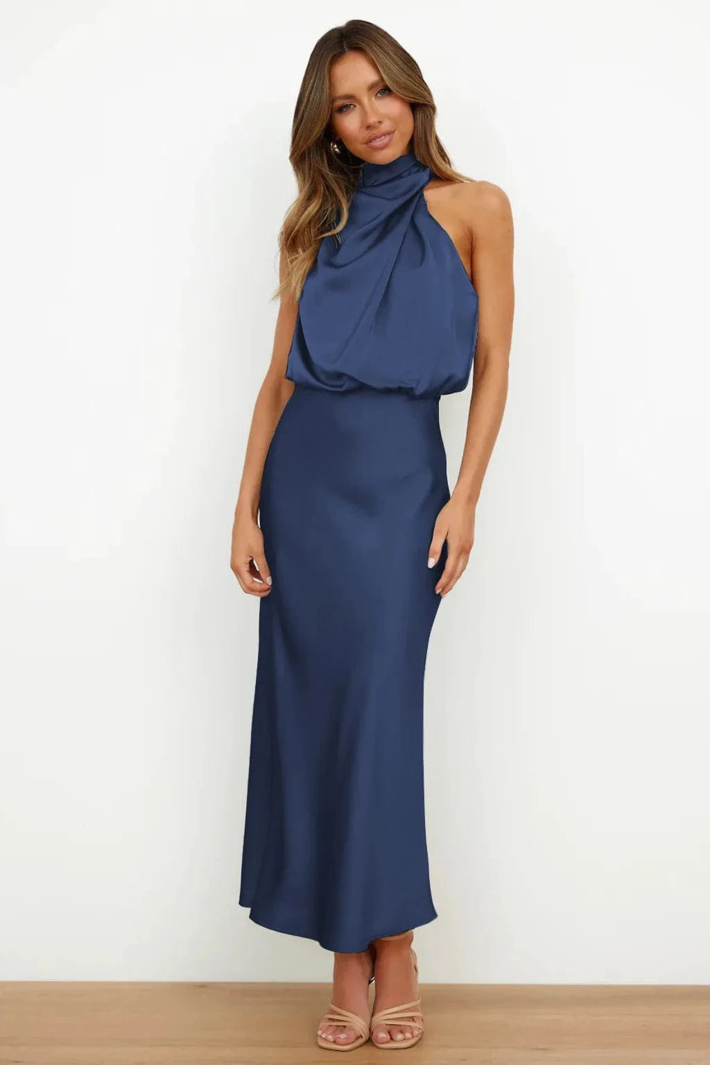 Satijnen halterjurk Marineblauw / S