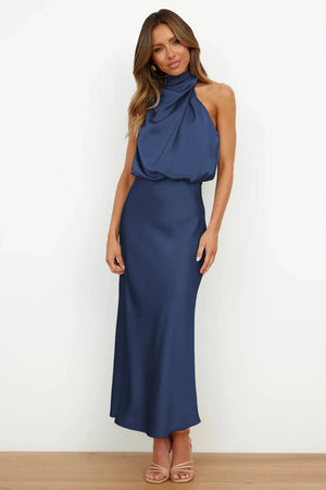 Satijnen halterjurk Marineblauw / S