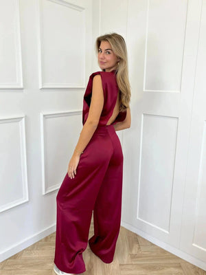 Satijnen jumpsuit open rug Bordeauxrood / S